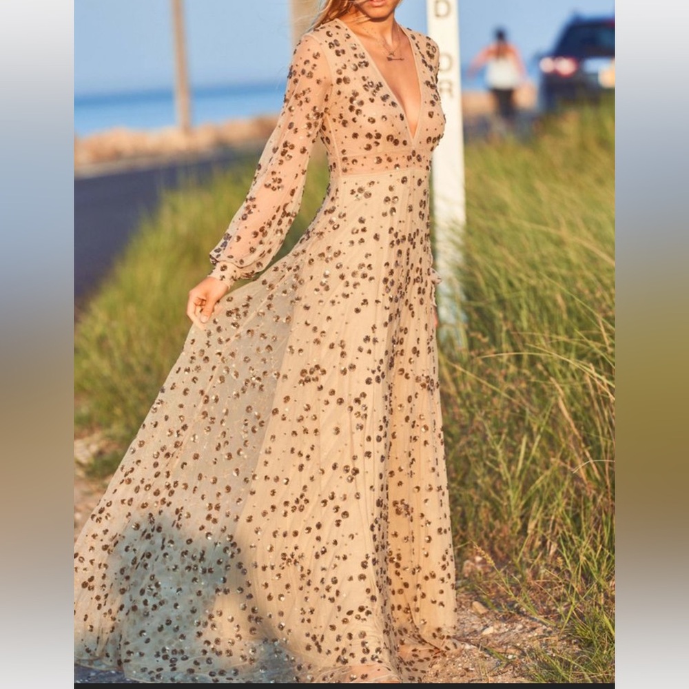 🦋 Rare LoveShackFancy Janet Sequin Embellished Tulle Maxi Dress Nude Beige